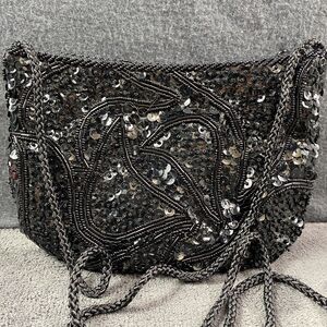 Vintage Black Beaded Sequin Crossbody Evening Bag Cocktail Clutch Purse